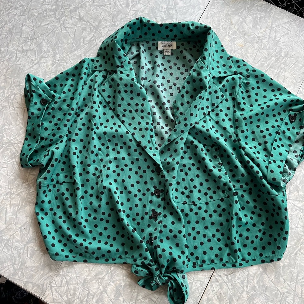 Vintage Style Polka Dot Tie-Front Blouse - teal